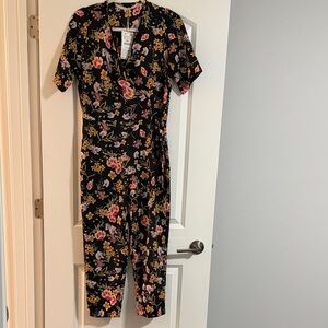 Zara Black Floral Wrap-Style Jumpsuit with Pink & Yellow Flowers